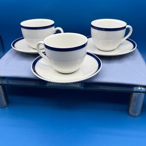 Williams Sonoma Brasserie Blue Stripe Porcelain Cup and Saucer Set of 3